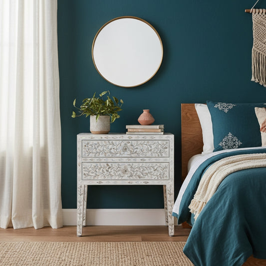 Mother of Pearl Inlay 2 Drawer Bedside Table : Floral : White