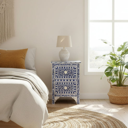 Mother of Pearl Inlay 2 Drawer Bedside : Floral : Blue