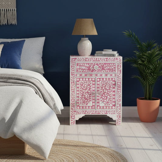 Mother of Pearl Inlay Bedside Cabinet : Fuchsia