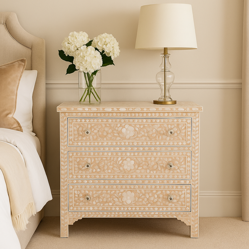 Decorative nightstand with floral arrangement and lamp in a bedroom setting