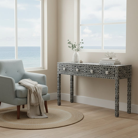 Mother of Pearl Inlay Console : Floral : Black