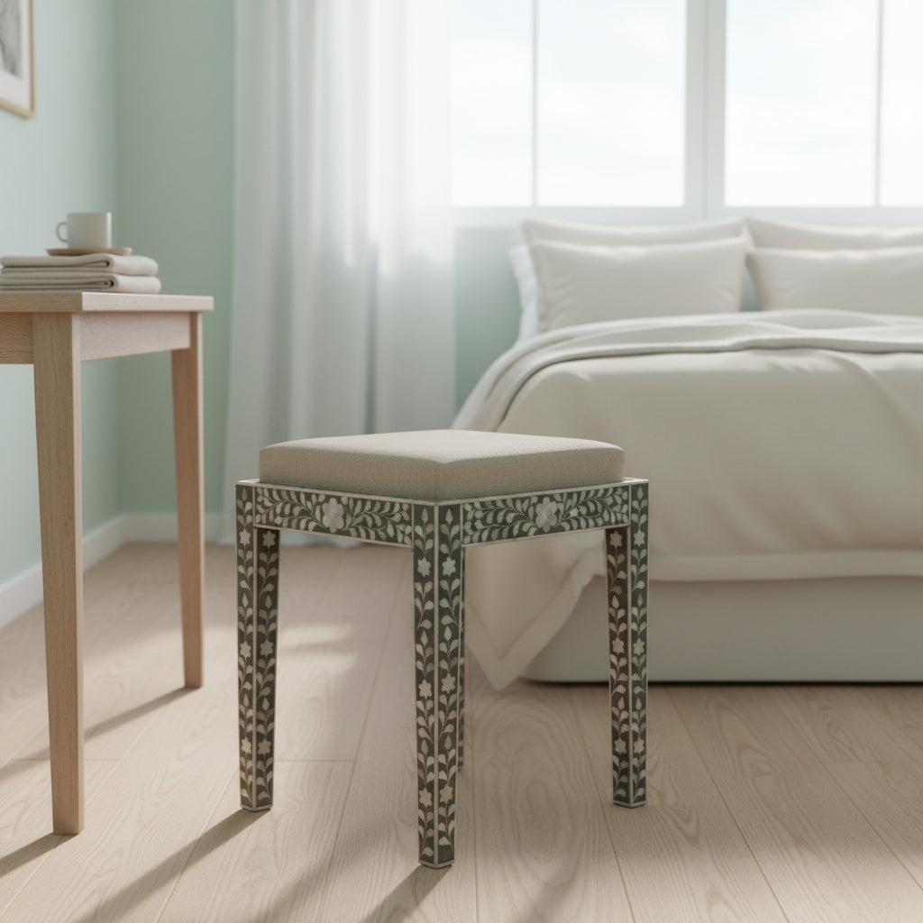 Mother of Pearl Inlay Dressing Table Stool : Floral : Grey
