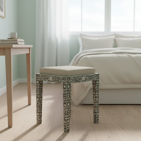 Mother of Pearl Inlay Dressing Table Stool : Floral : Grey