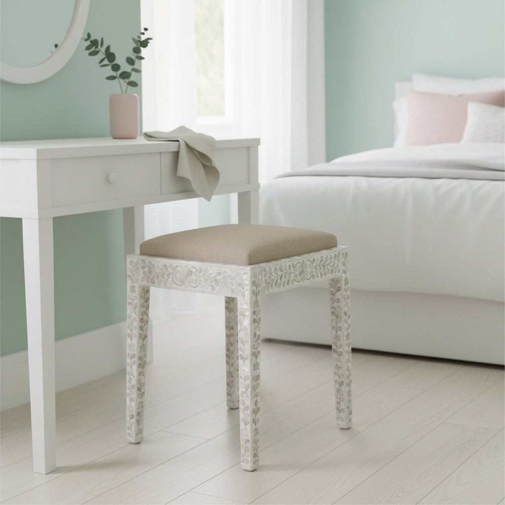 Mother of Pearl Inlay Dressing Table Stool : Floral : White