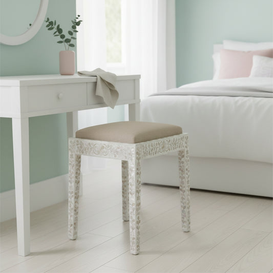 Mother of Pearl Inlay Dressing Table Stool : Floral : White