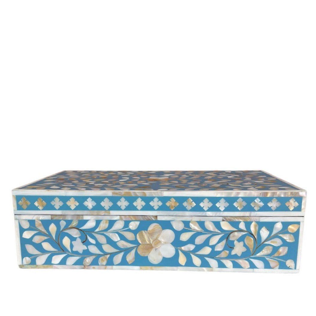 Mother of Pearl Inlay Large Box : Floral : Turquoise Blue