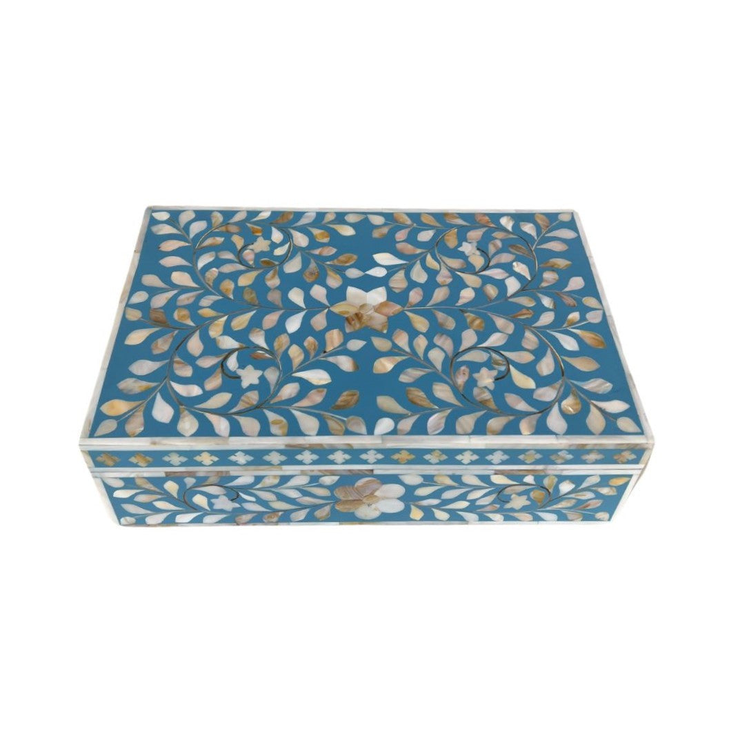 Mother of Pearl Inlay Large Box : Floral : Turquoise Blue