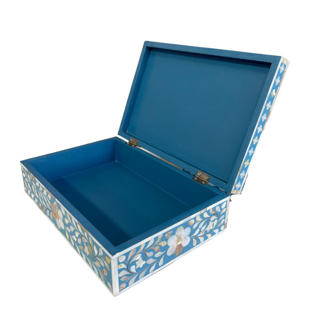 Mother of Pearl Inlay Large Box : Floral : Turquoise Blue