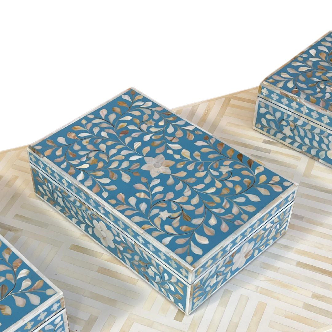 Mother of Pearl Inlay Large Box : Floral : Turquoise Blue