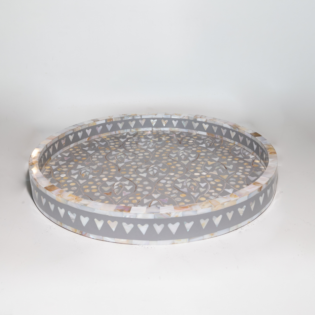 Mother of Pearl Inlay Round Tray : Heart : Grey