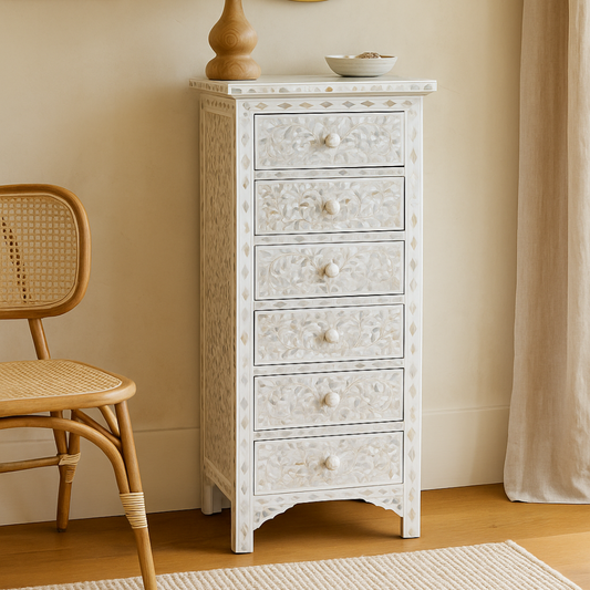 Mother of Pearl Inlay Tallboy : Floral : White