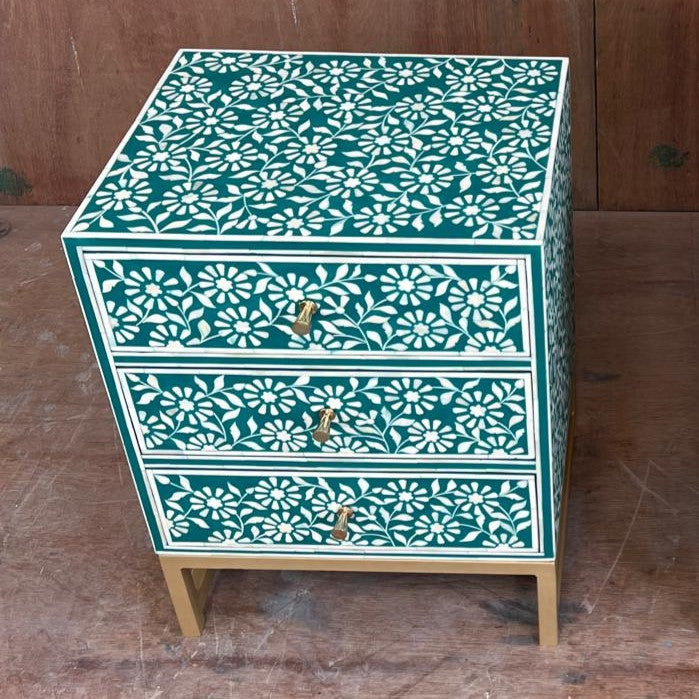 Bone Inlay Marguerite Bedside Chest with 3 Drawers in Teal