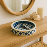 Dyed Bone Inlay Round Tray : Moroccan : Blue