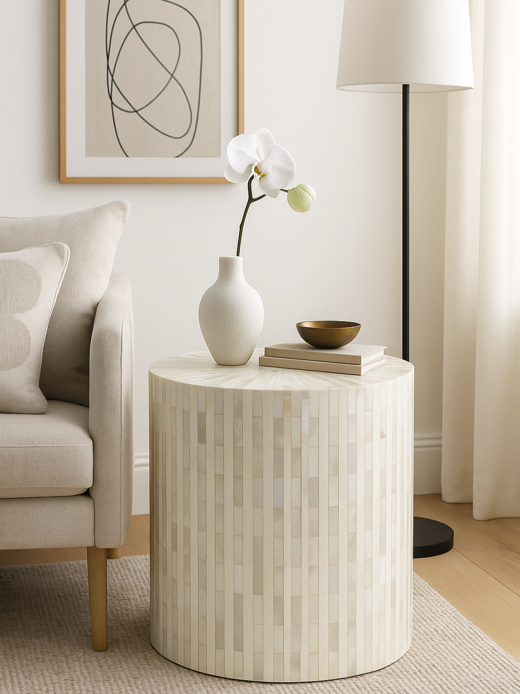 Bone Inlay Side Table with Gold Plinth : Stripe : White