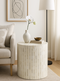 Bone Inlay Side Table with Gold Plinth : Stripe : White