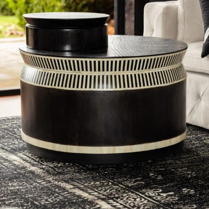 Bone Inlay Round Coffee Table : Charlston : Black