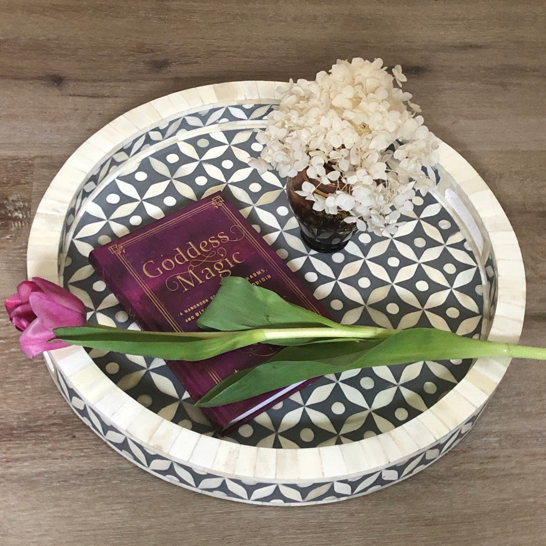 Bone Inlay Round Tray : Starburst  : Grey