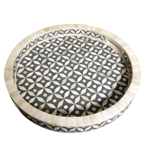 Bone Inlay Round Tray : Starburst  : Grey