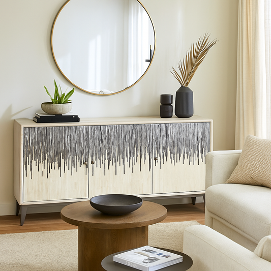 Modern living room with a decorative cabinet, round mirror, and a plant.