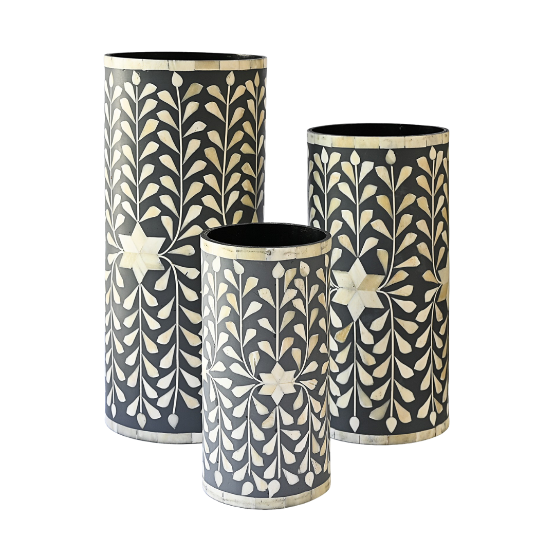 Bone Inlay Vase : Floral : Grey