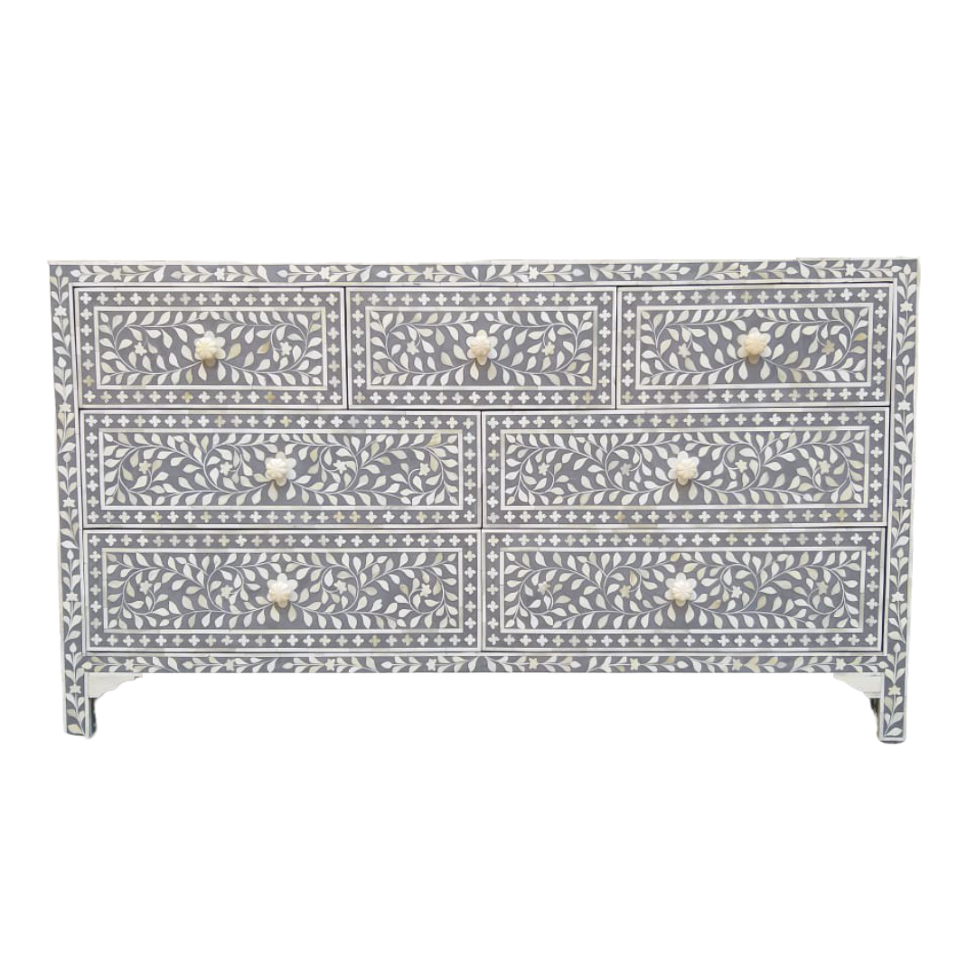 Bone Inlay 7 Drawer Chest : Floral : Grey