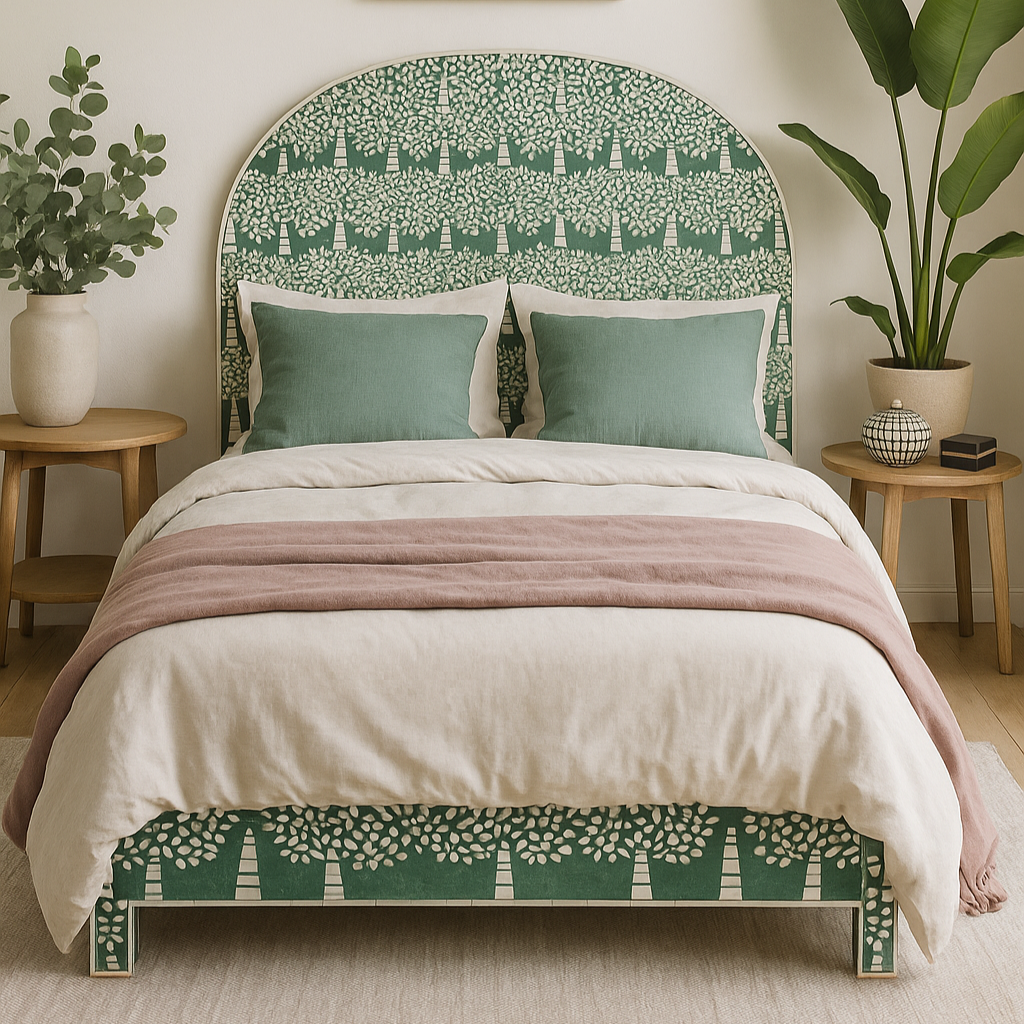 Bedroom with a bed featuring a green headboard and footboard with a tree pattern, surrounded by plants.