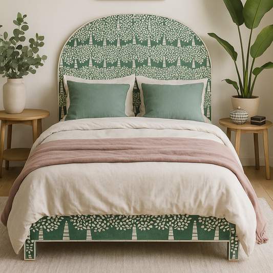 Bedroom with a bed featuring a green headboard and footboard with a tree pattern, surrounded by plants.