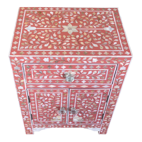 Mother of Pearl Inlay Bedside Cabinet : Floral : Fuchsia