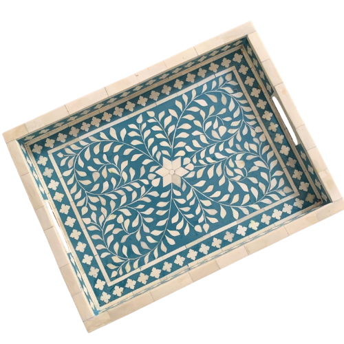 Bone Inlay Rectangular Tray : Floral : Teal