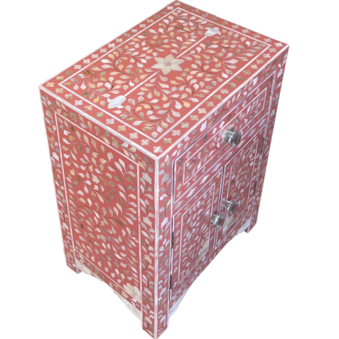 Mother of Pearl Inlay Bedside Cabinet : Floral : Fuchsia