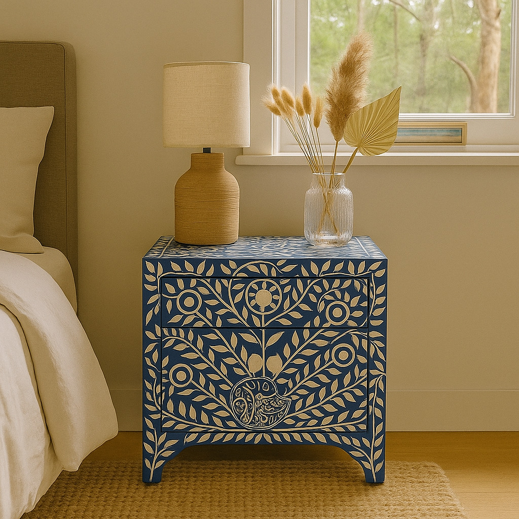 Decorative nightstand with floral patterns next to a bed in a bedroom.