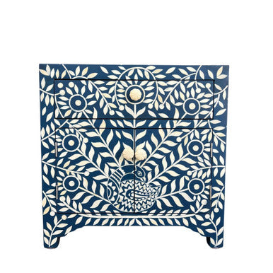 A blue and white bone inlay bedside cabinet with a peacock design.