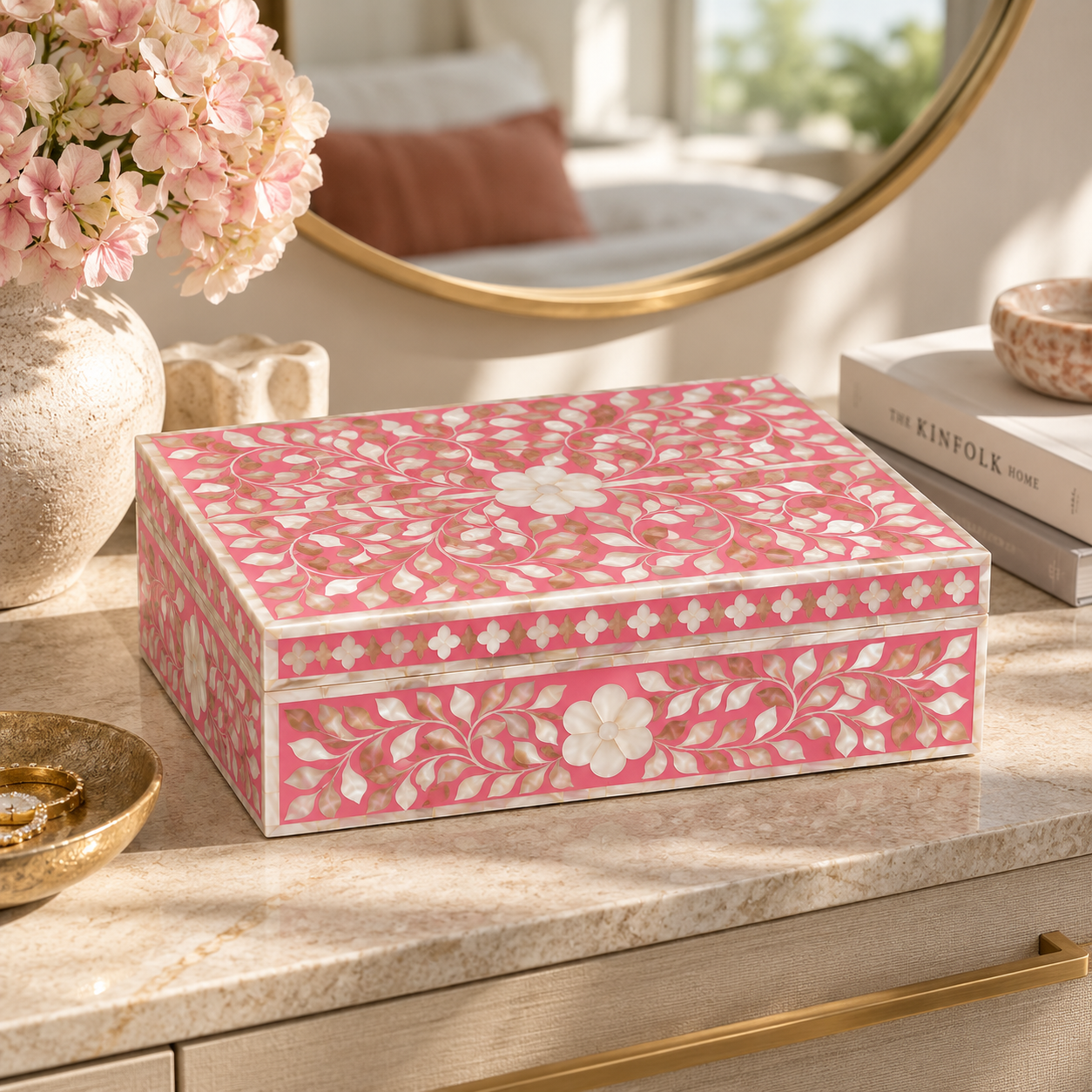 Mother of Pearl Inlay Large Box : Floral : Pink