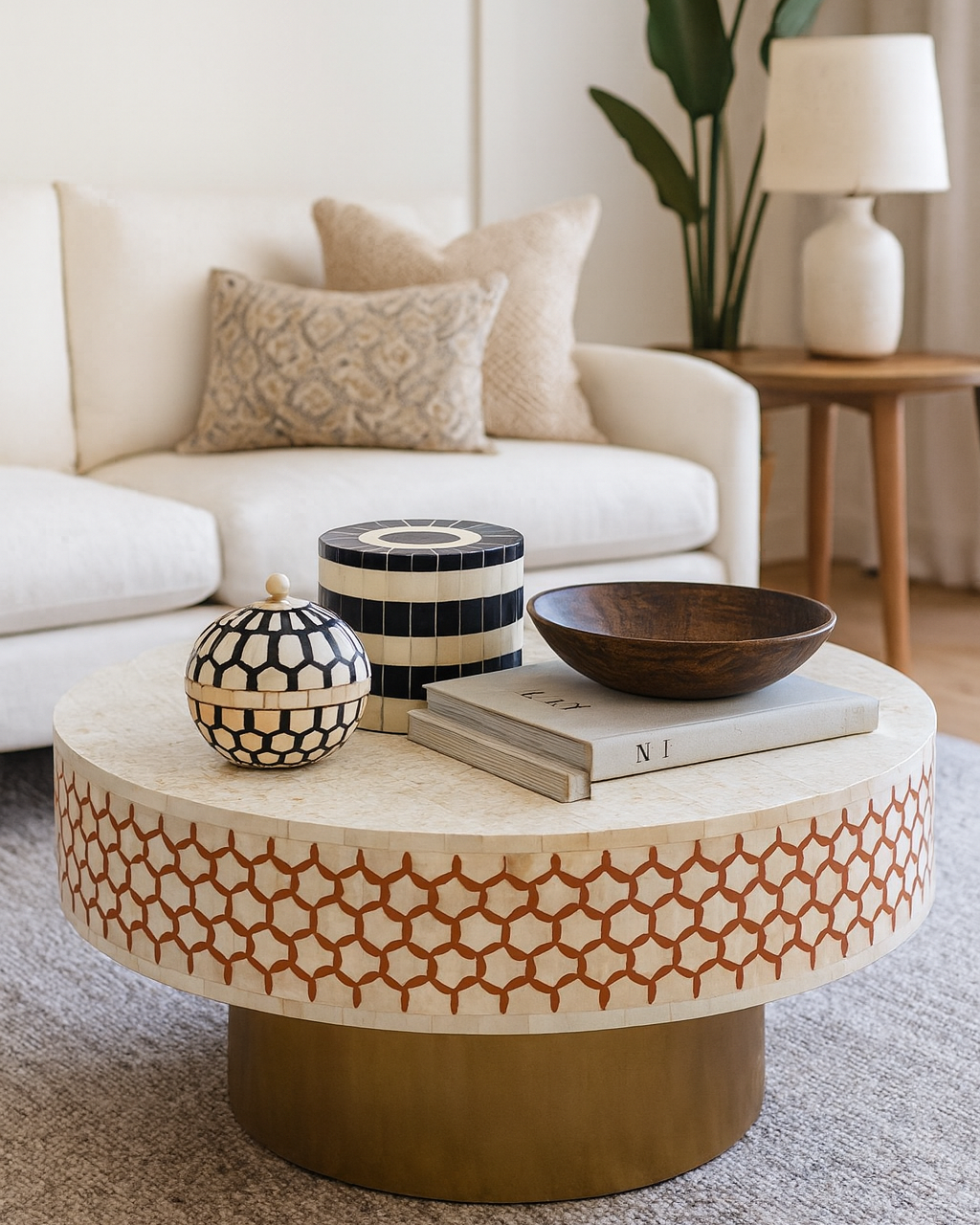 Round coffee table with decorative items in a living room setting