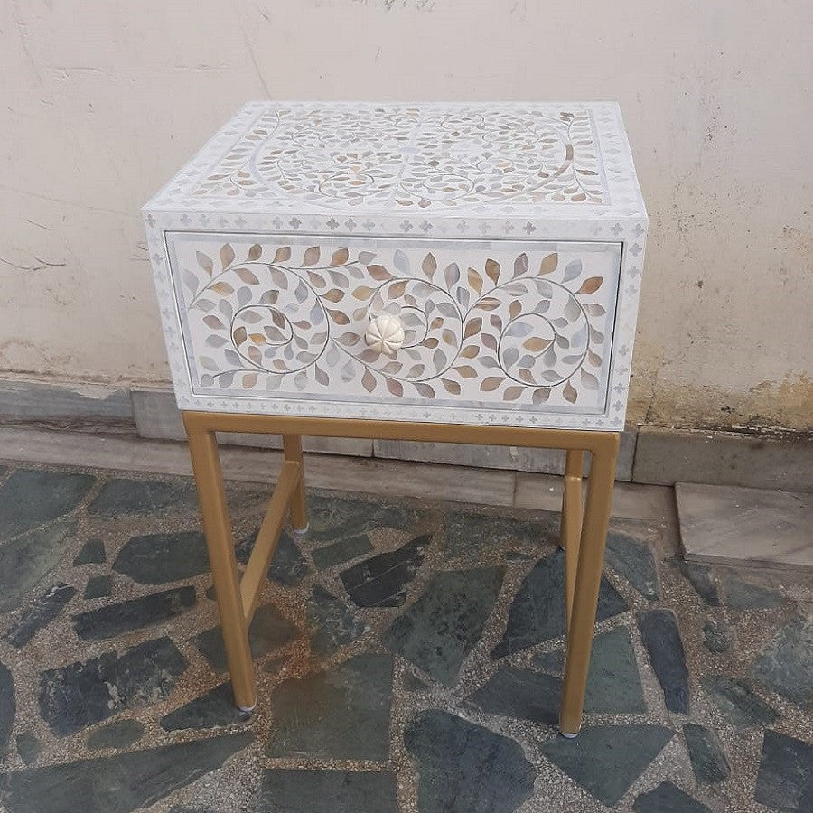 Mother of Pearl Inlay 1 Drawer Bedside (with Metal Legs) : White