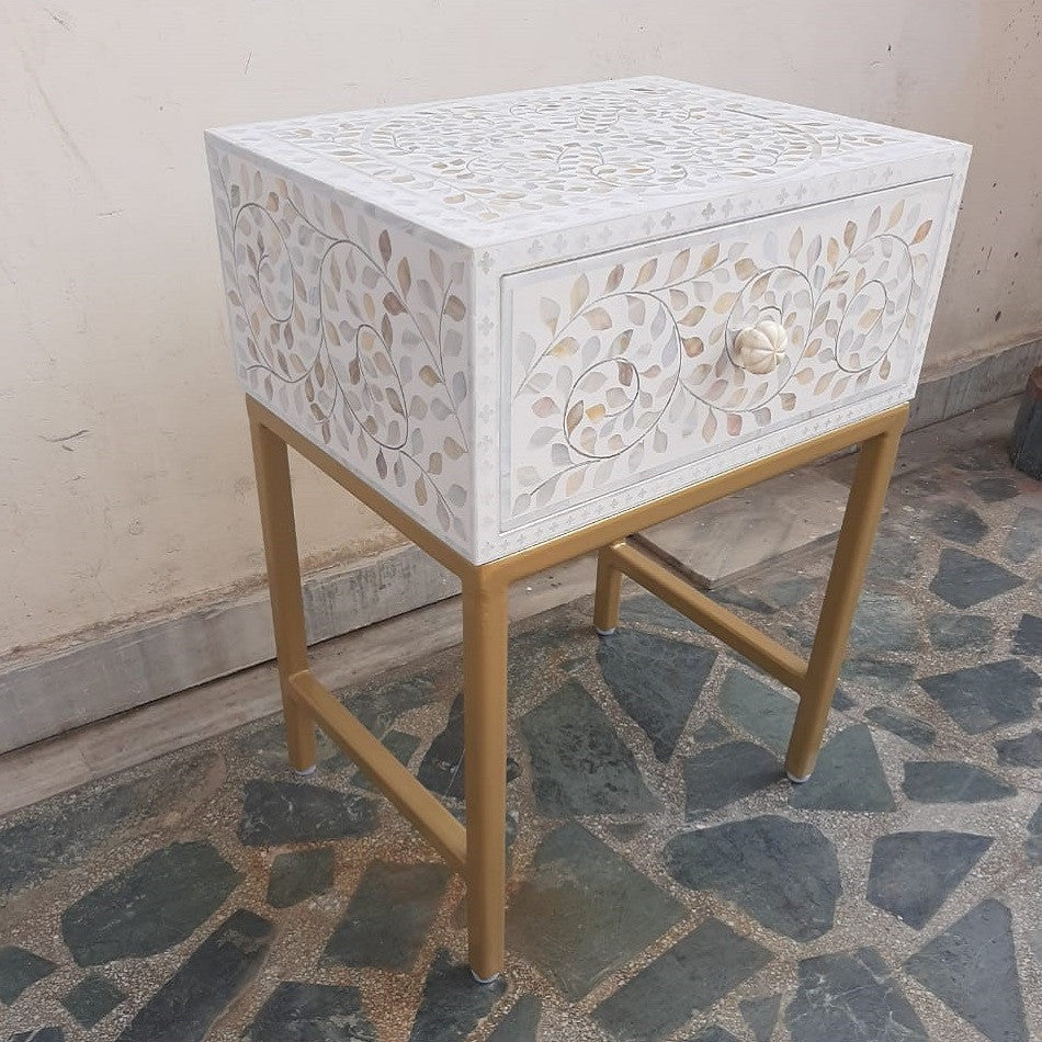 Mother of Pearl Inlay 1 Drawer Bedside (with Metal Legs) : White