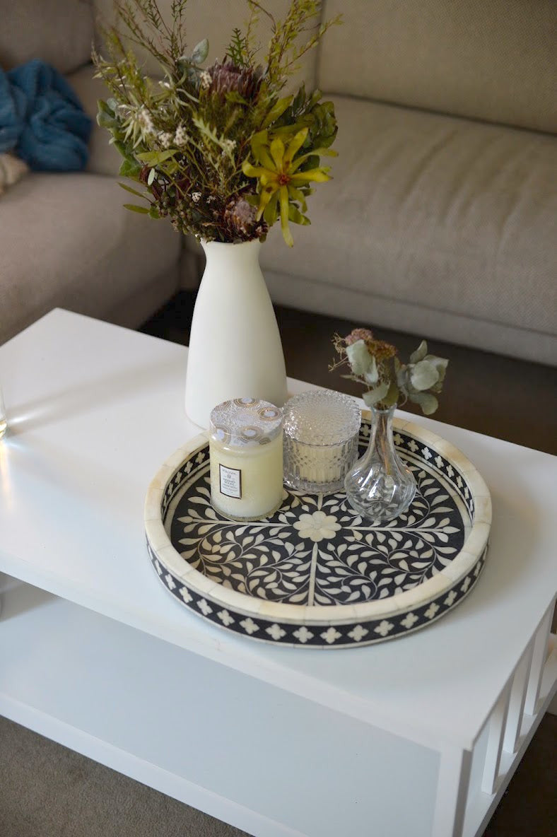 Bone Inlay Round Tray : Floral : Black