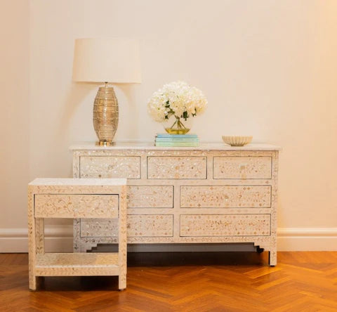 Mother of Pearl Inlay 7 Drawer Chest : Floral : White