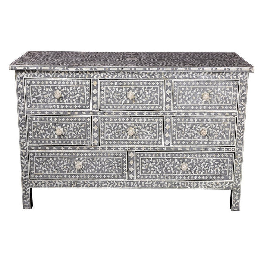 Bone Inlay 8 Drawer Chest : Floral : Grey