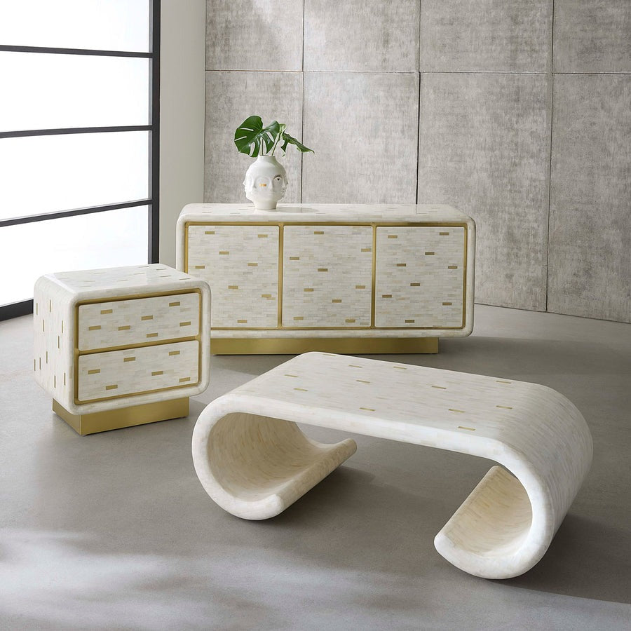 Bone Inlay Coffee Table : Brickwork with Brass Accent : White