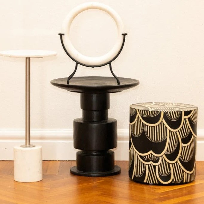 Bone Inlay Side Table : Scalloped Stripe : Black