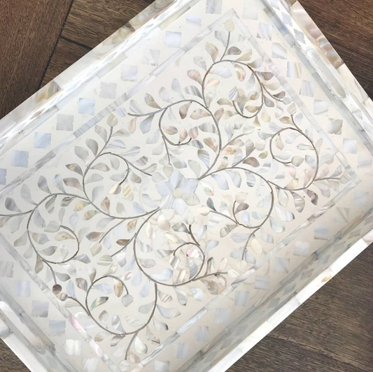 Mother of Pearl Rectangular Tray : Floral : White
