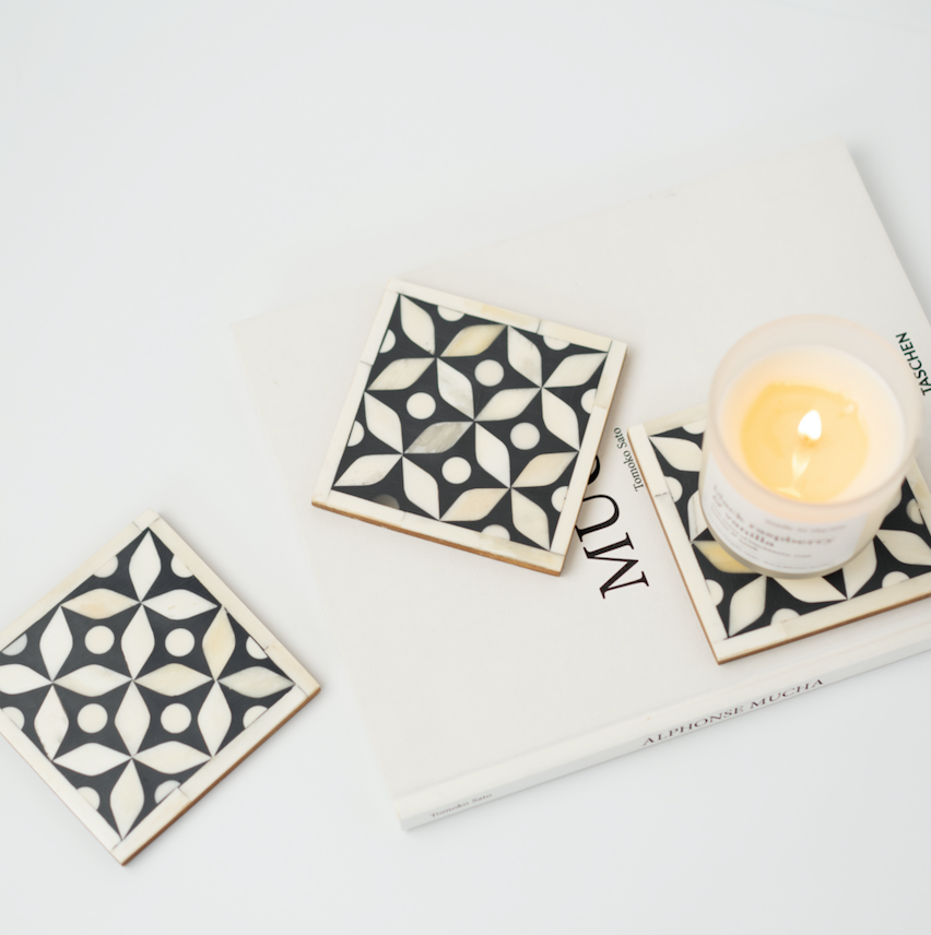 Bone Inlay Coasters (4) : Starburst : Black