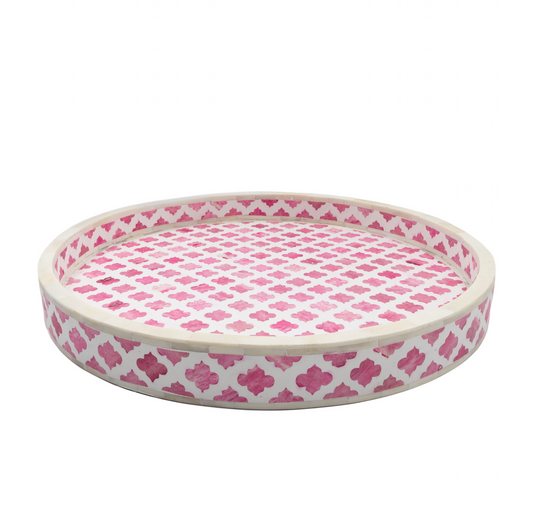 Dyed Bone Inlay Round Tray : Moroccan : Pink