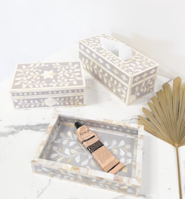 Bone Inlay Tissue Holder : Floral : Grey