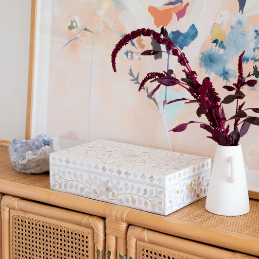 Mother of Pearl Large Inlay Box : Floral : White