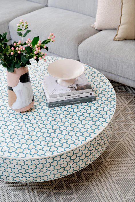 Bone Inlay Round Coffee Table : Tri-Square : Teal