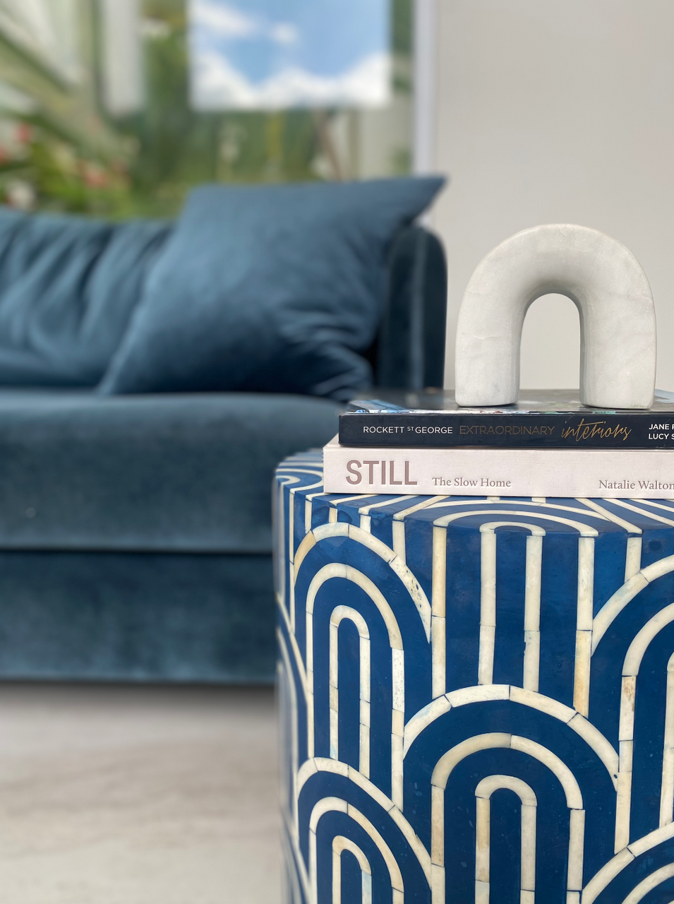 Bone Inlay Side Table : Arches : Navy Blue