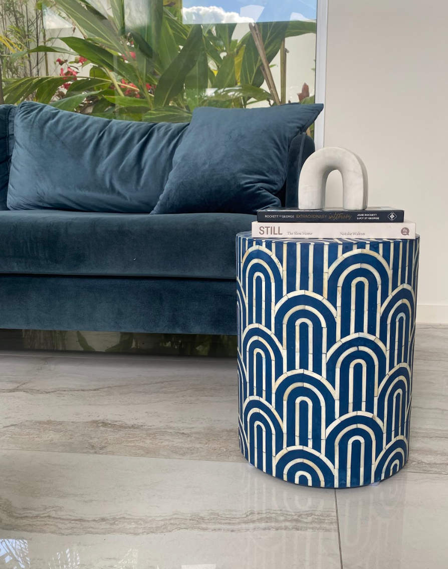 Bone Inlay Side Table : Arches : Navy Blue