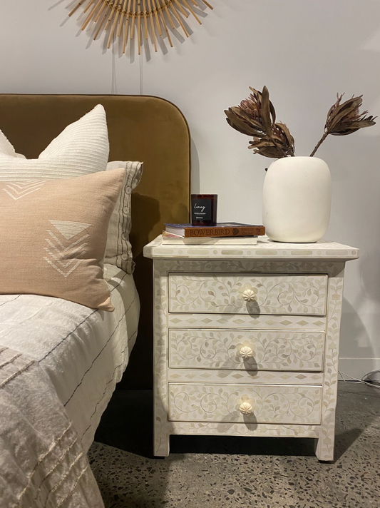 Bone Inlay 3 Drawer Bedside : Floral : White